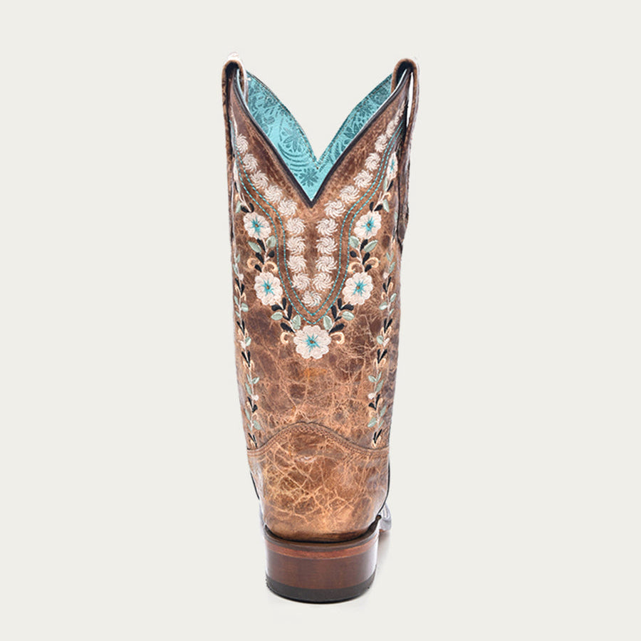 Corral Women's Glow in the Dark Floral Embroidery Distress Cognac Square Toe Cowboy Boots (A4398-M / Cognac)