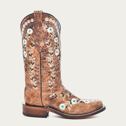 Botas vaqueras Corral para mujer con punta cuadrada, bordado floral envejecido que brilla en la oscuridad, color coñac (A4398-M / Cognac)