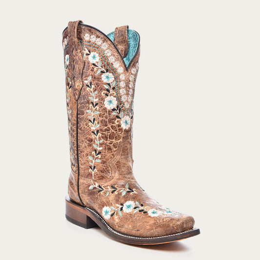 Corral Women's Glow in the Dark Floral Embroidery Distress Cognac Square Toe Cowboy Boots (A4398-M / Cognac)