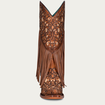 Botas vaqueras Corral para mujer, con bordado superpuesto blanco, flecos de cordero y punta recortada color miel (C3876-M / Honey Lamb)