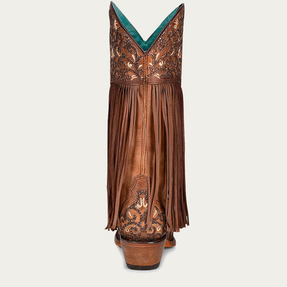 Botas vaqueras Corral para mujer, con bordado superpuesto blanco, flecos de cordero y punta recortada color miel (C3876-M / Honey Lamb)