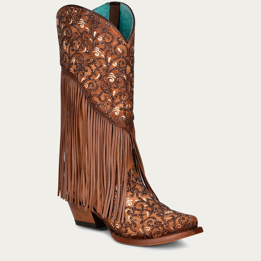 Corral Women’s Overlay White Embroidery Lamb Fringe Honey Snip Toe Cowboy Boots (C3876-M / Honey Lamb)