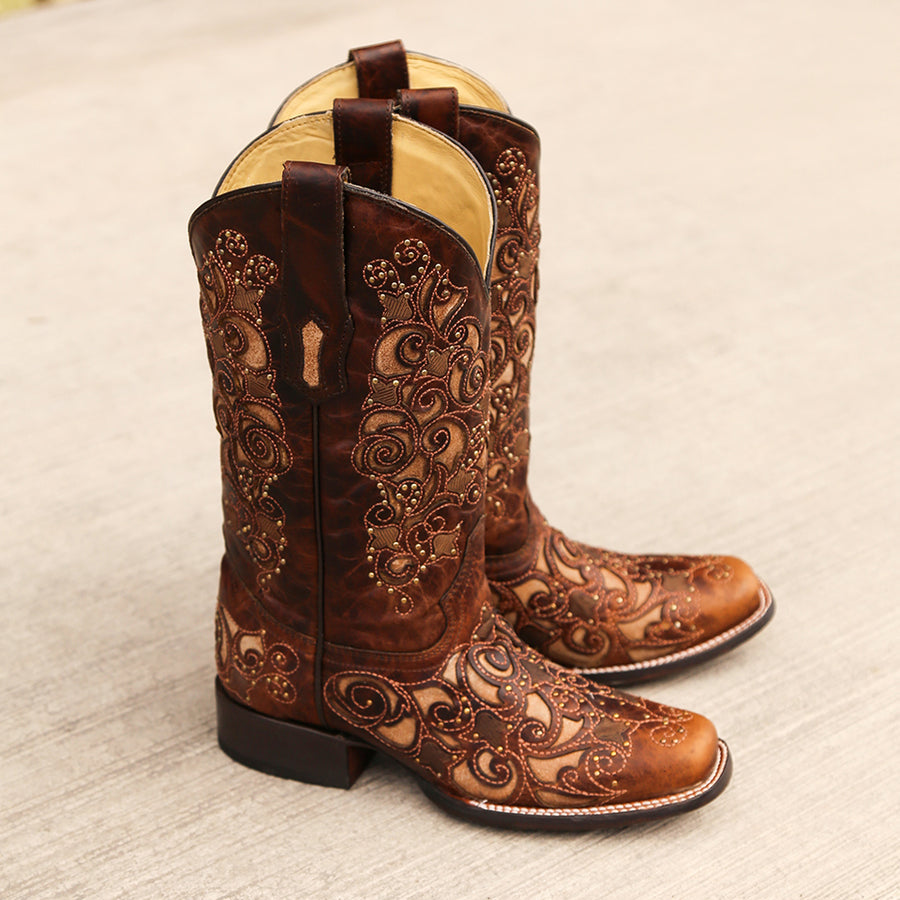 Corral Women’s Tan Inlay Embroidery and Studs Brown Square Toe Cowboy Boots (A3326-M / Brown)