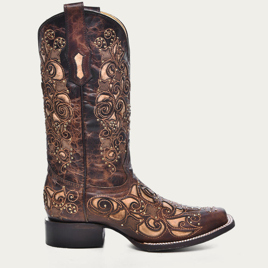 Corral Women’s Tan Inlay Embroidery and Studs Brown Square Toe Cowboy Boots (A3326-M / Brown)