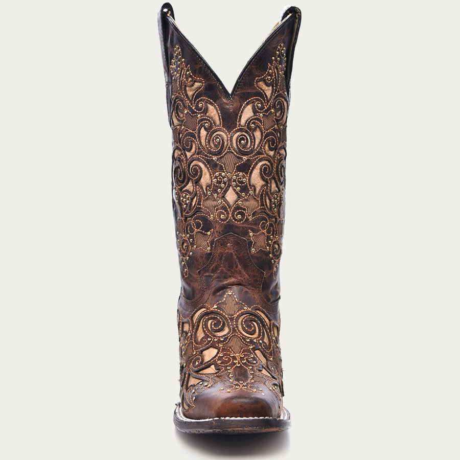 Corral Women’s Tan Inlay Embroidery and Studs Brown Square Toe Cowboy Boots (A3326-M / Brown)