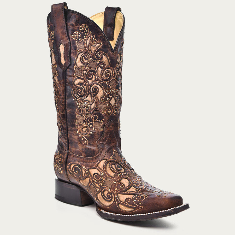 Corral Women’s Tan Inlay Embroidery and Studs Brown Square Toe Cowboy Boots (A3326-M / Brown)
