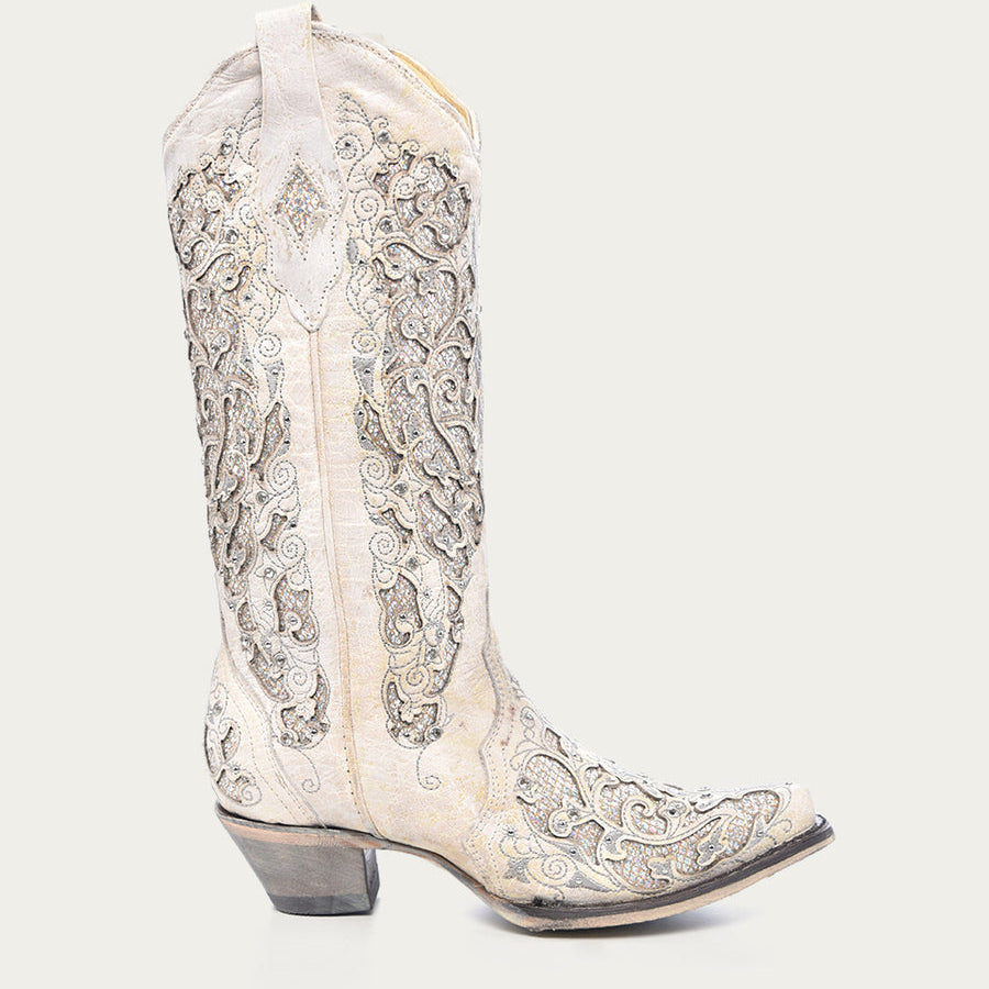 Corral Women's White Glittered Inlay and Crystals Snip Toe Wedding Cowboy Boots (A3322-M / White)