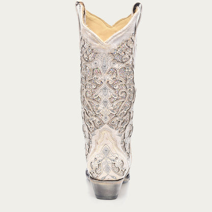 Botas vaqueras de boda Corral para mujer, blancas, con incrustaciones de purpurina y cristales, punta afilada (A3322-M / Blanco)