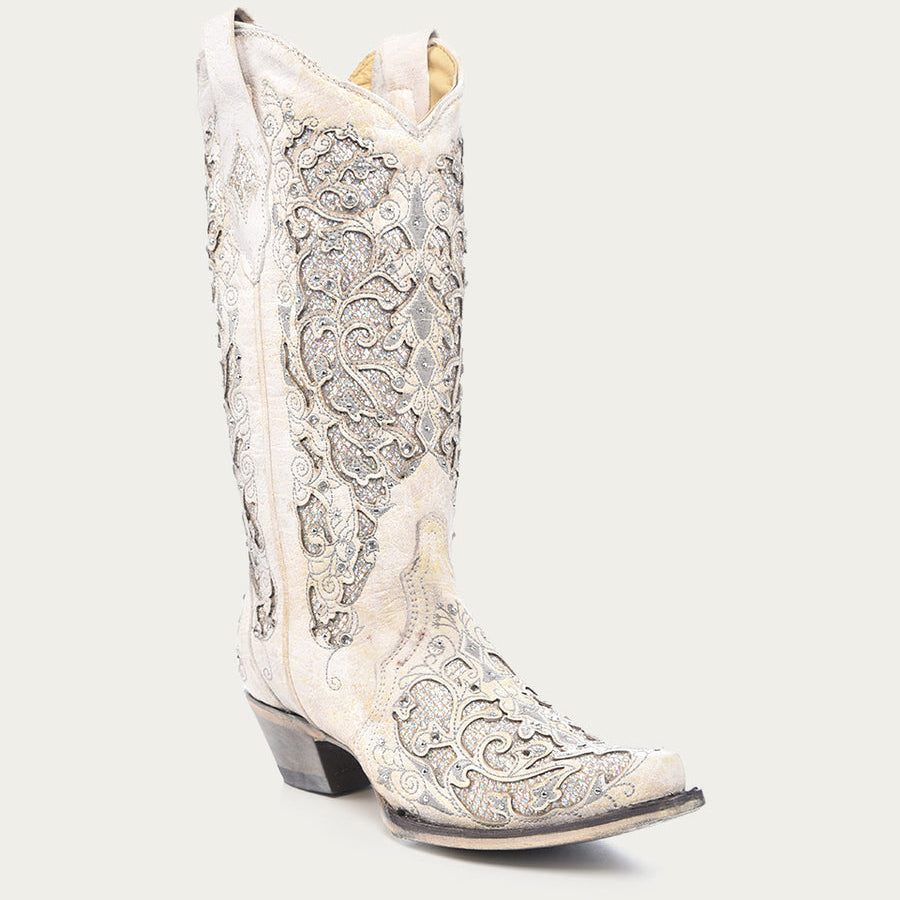 Corral Women's White Glittered Inlay and Crystals Snip Toe Wedding Cowboy Boots (A3322-M / White)