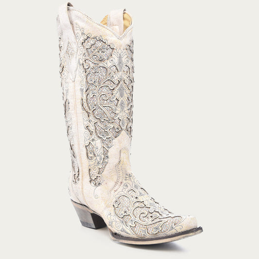 Corral Women's White Glittered Inlay and Crystals Snip Toe Wedding Cowboy Boots (A3322-M / White)