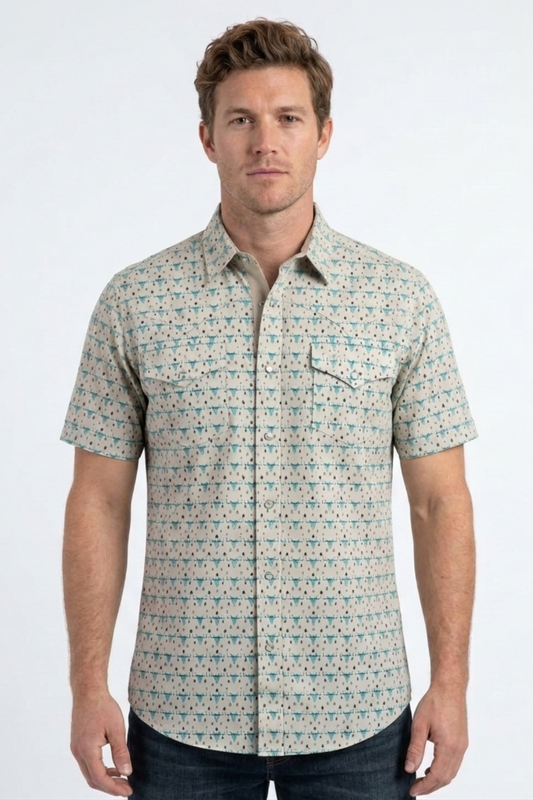 Platini Men's Longhorn Heritage Western Shirt (PGW11550 Beige)