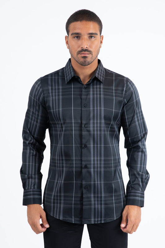 Camisa Platini de manga larga a cuadros para hombre (CHL11298 Negro)