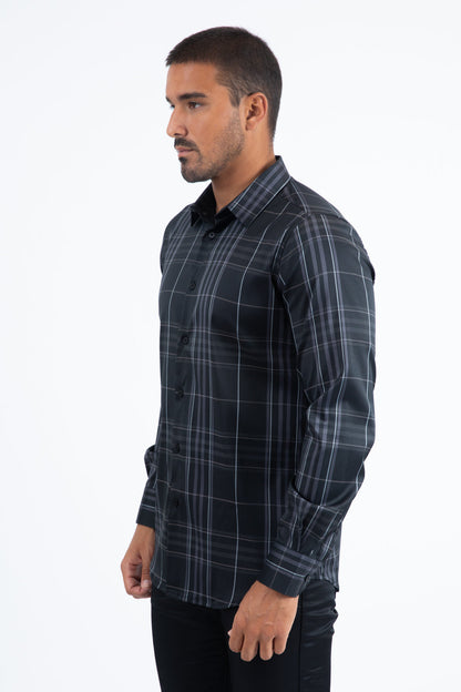 Camisa Platini de manga larga a cuadros para hombre (CHL11298 Negro)