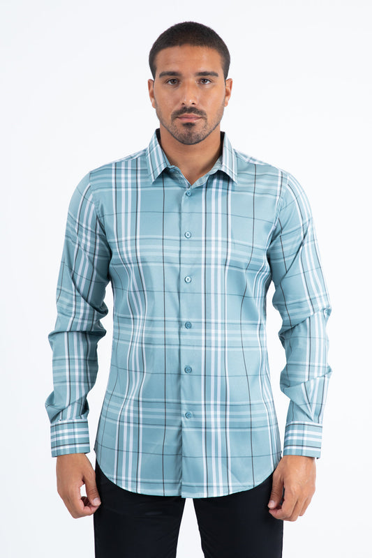 Camisa Platini de manga larga a cuadros para hombre (azul CHL11301)