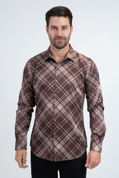 Camisa Platini de manga larga a cuadros para hombre (marrón) (CHL11235)