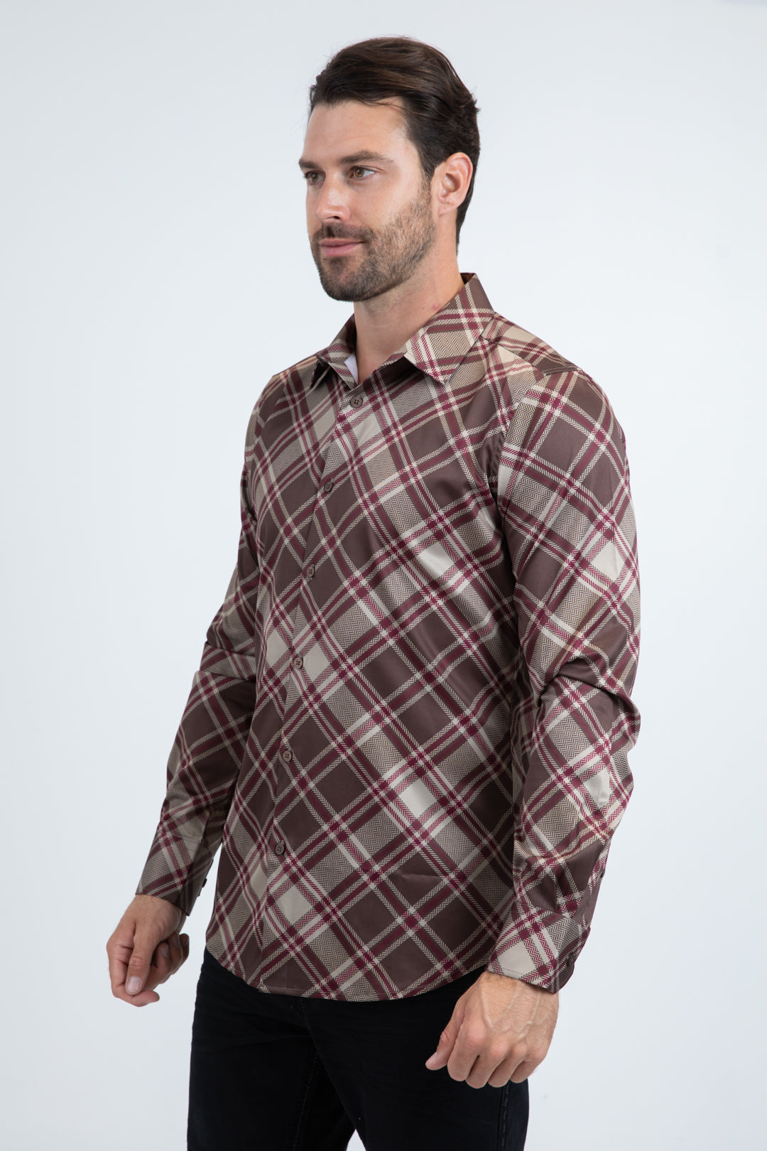Camisa Platini de manga larga a cuadros para hombre (marrón) (CHL11235)