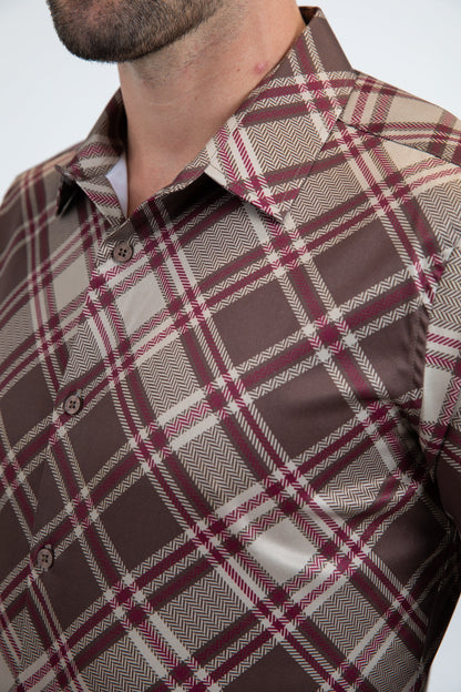Camisa Platini de manga larga a cuadros para hombre (marrón) (CHL11235)