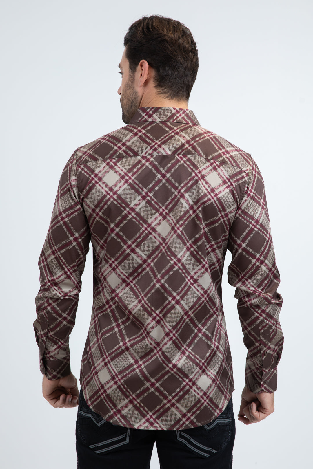 Camisa Platini de manga larga a cuadros para hombre (marrón) (CHL11235)