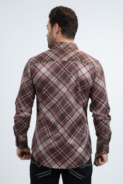 Camisa Platini de manga larga a cuadros para hombre (marrón) (CHL11235)