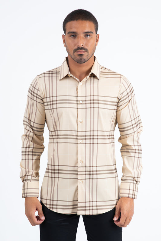 Camisa Platini de manga larga a cuadros caqui/marrón para hombre (CHL11300 Caqui/Marrón)