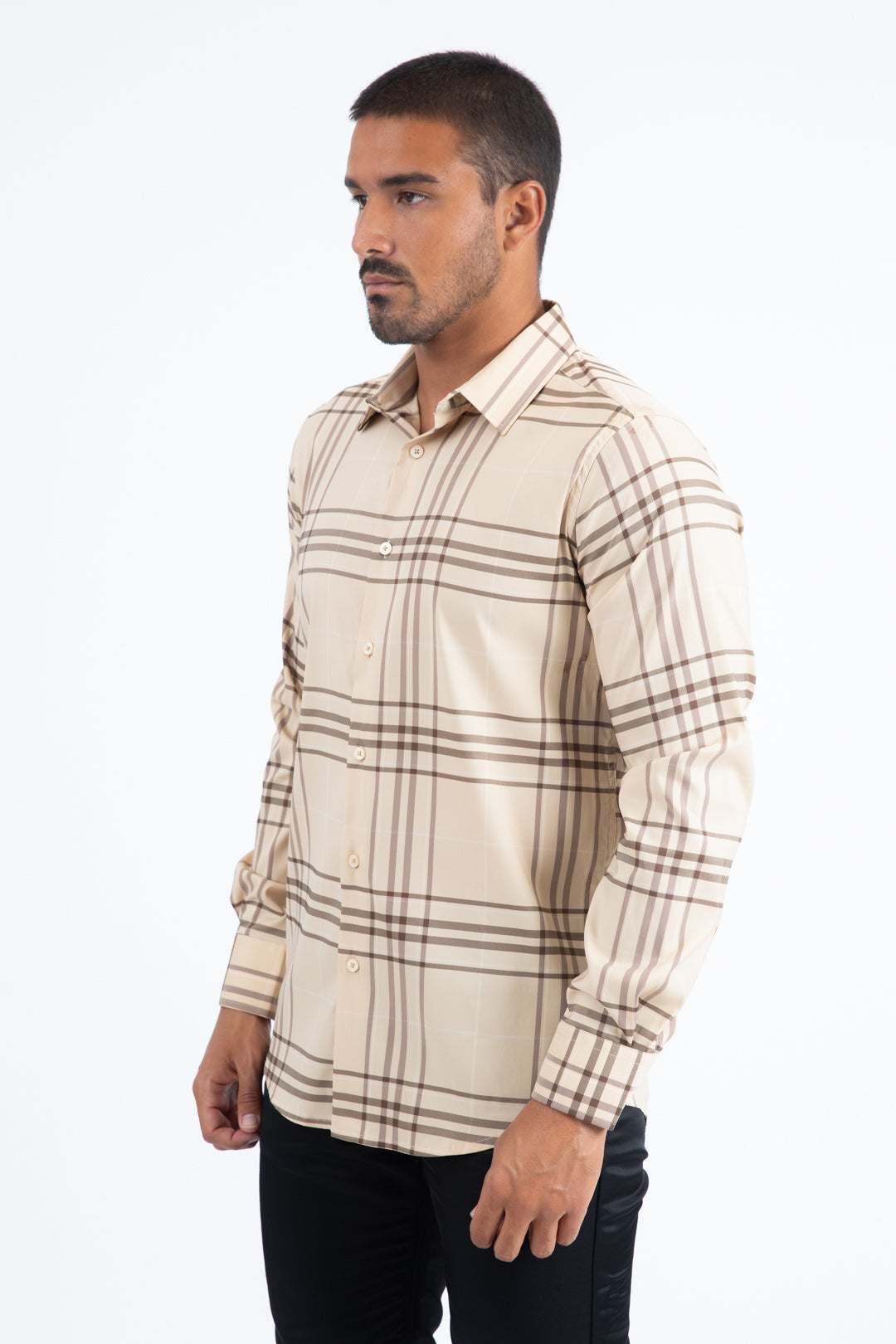 Camisa Platini de manga larga a cuadros caqui/marrón para hombre (CHL11300 Caqui/Marrón)