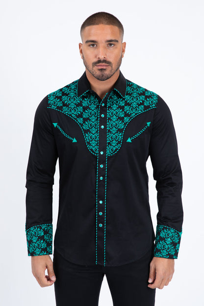 Platini Men's Damask Embroidery Long Sleeve Shirt (ECL11528 Black/Green)