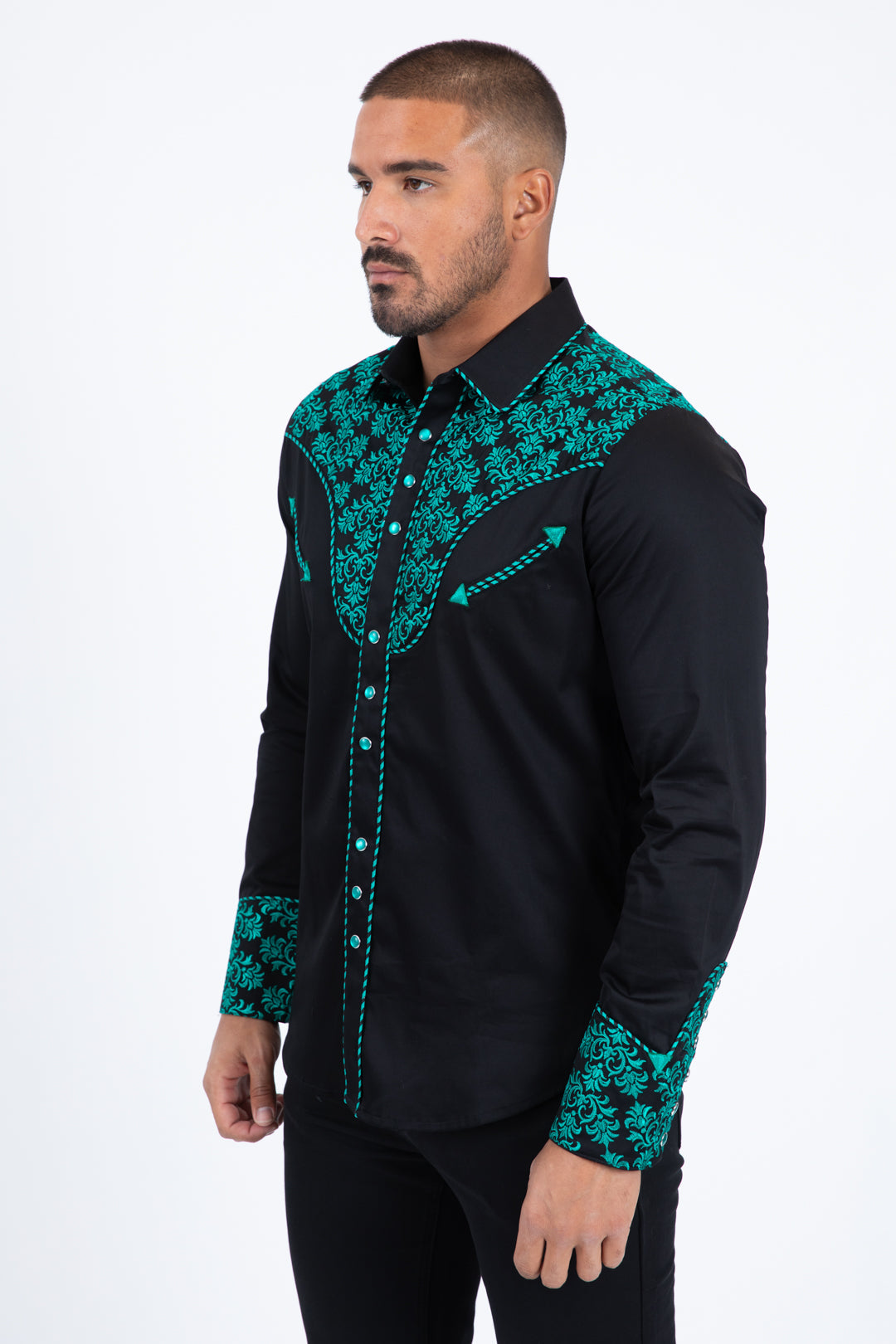 Platini Men's Damask Embroidery Long Sleeve Shirt (ECL11528 Black/Green)