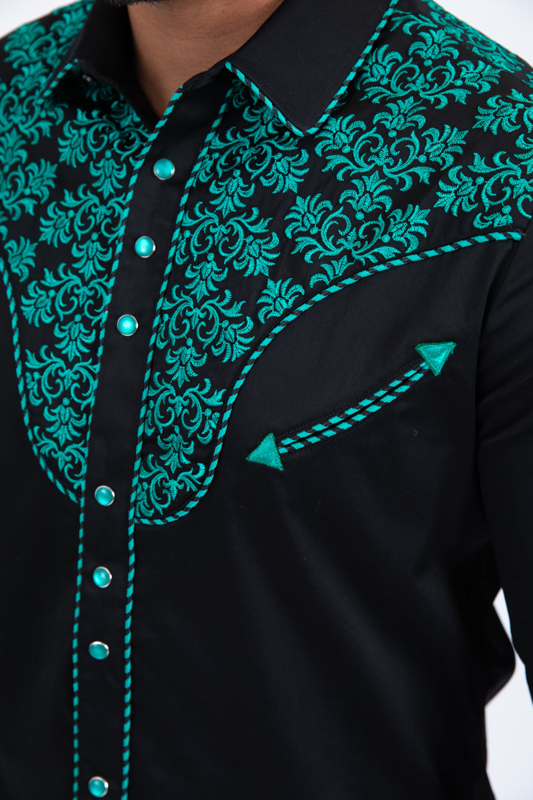 Platini Men's Damask Embroidery Long Sleeve Shirt (ECL11528 Black/Green)