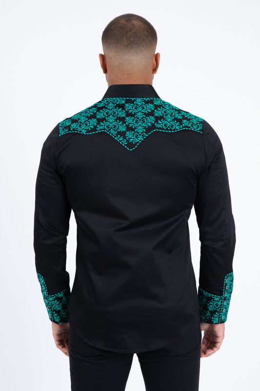 Camisa de manga larga con bordado de damasco Platini para hombre (ECL11528 Negro/Verde)