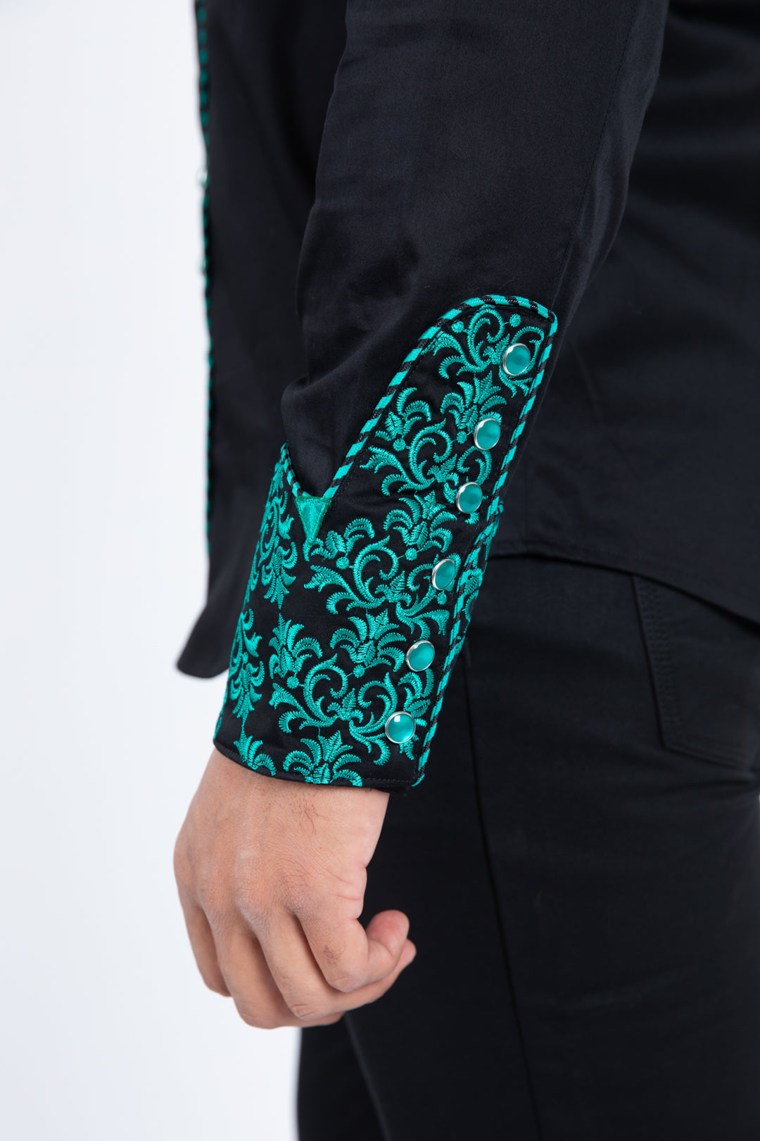 Platini Men's Damask Embroidery Long Sleeve Shirt (ECL11528 Black/Green)