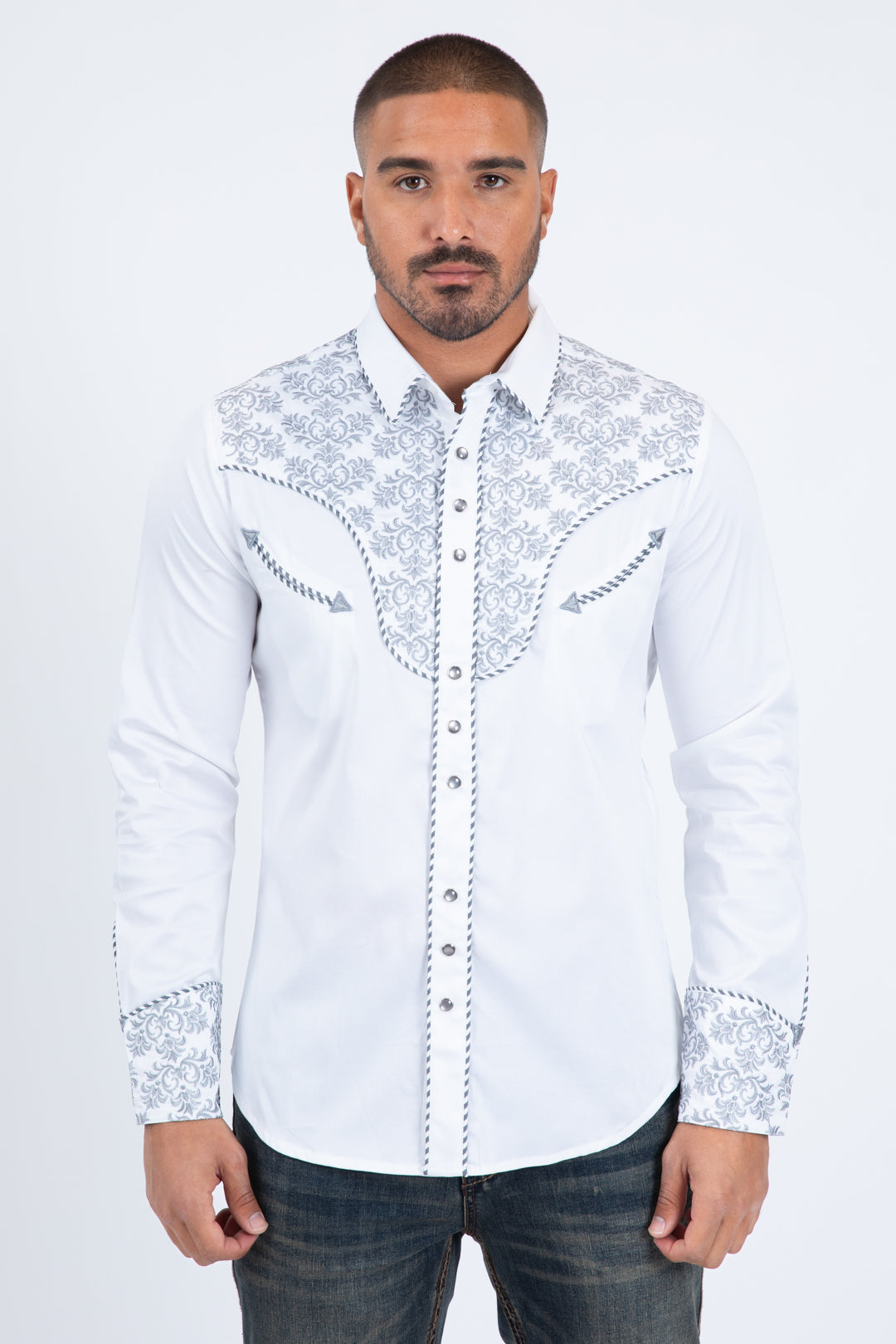 Platini Men's Damask Embroidery Long Sleeve Shirt (ECL11530 White/Grey)
