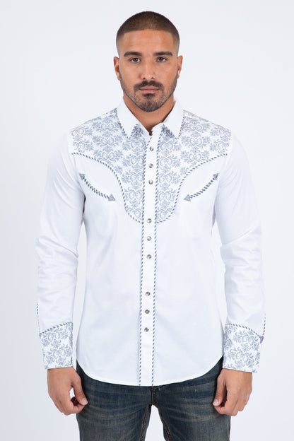 Platini Men's Damask Embroidery Long Sleeve Shirt (ECL11530 White/Grey)