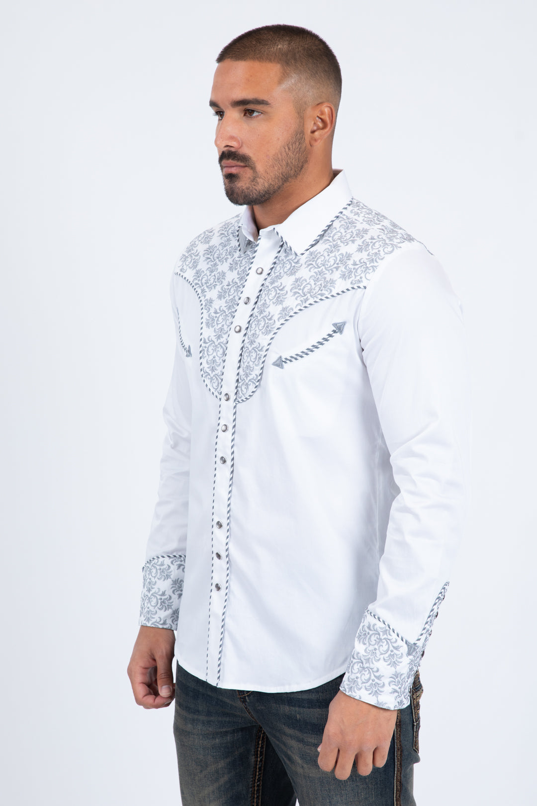 Platini Men's Damask Embroidery Long Sleeve Shirt (ECL11530 White/Grey)