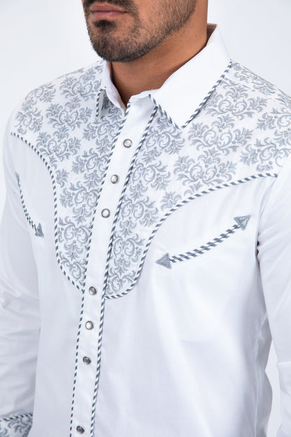 Platini Men's Damask Embroidery Long Sleeve Shirt (ECL11530 White/Grey)