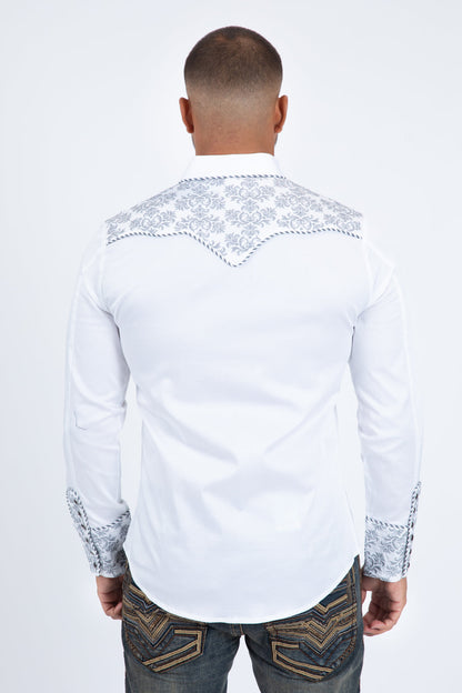 Platini Men's Damask Embroidery Long Sleeve Shirt (ECL11530 White/Grey)