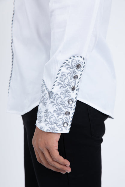 Platini Men's Damask Embroidery Long Sleeve Shirt (ECL11530 White/Grey)