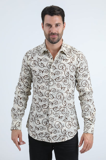 Camisa Platini de licra beige con corte moderno y flocado para hombre (MFL11180 Beige)