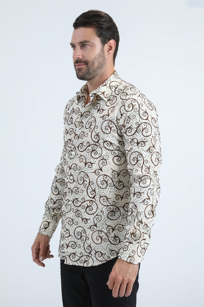 Camisa Platini de licra beige con corte moderno y flocado para hombre (MFL11180 Beige)