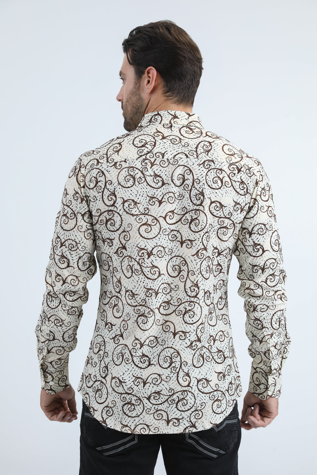 Camisa Platini de licra beige con corte moderno y flocado para hombre (MFL11180 Beige)