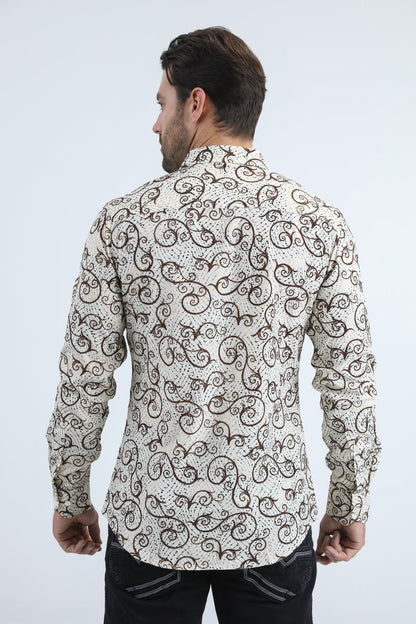 Camisa Platini de licra beige con corte moderno y flocado para hombre (MFL11180 Beige)