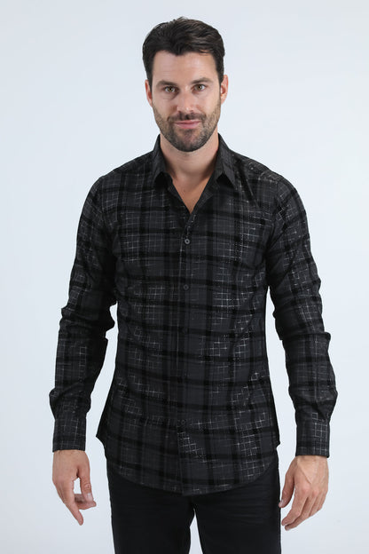 Camisa Platini de spandex negra con corte moderno y flocado para hombre (MFL11183 Negro/Negro)
