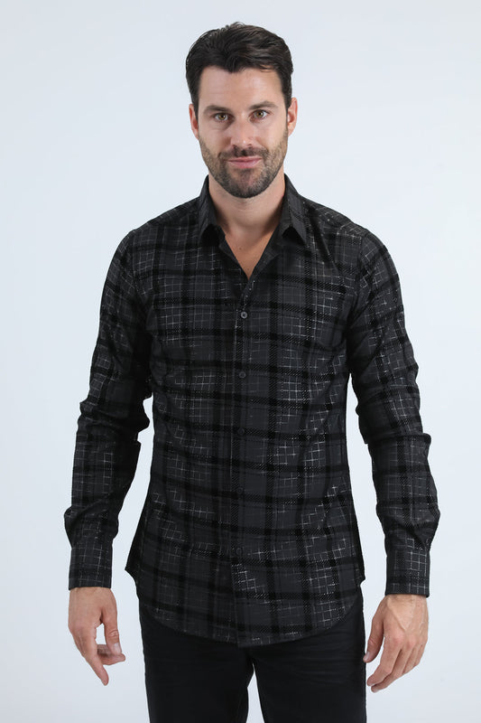 Camisa Platini de spandex negra con corte moderno y flocado para hombre (MFL11183 Negro/Negro)