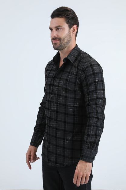 Camisa Platini de spandex negra con corte moderno y flocado para hombre (MFL11183 Negro/Negro)
