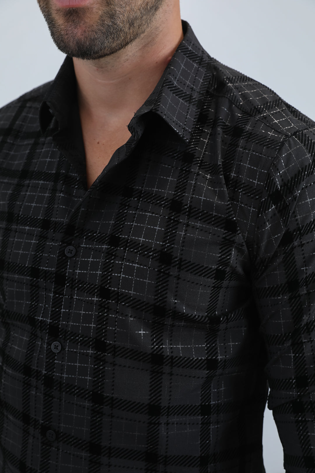 Camisa Platini de spandex negra con corte moderno y flocado para hombre (MFL11183 Negro/Negro)