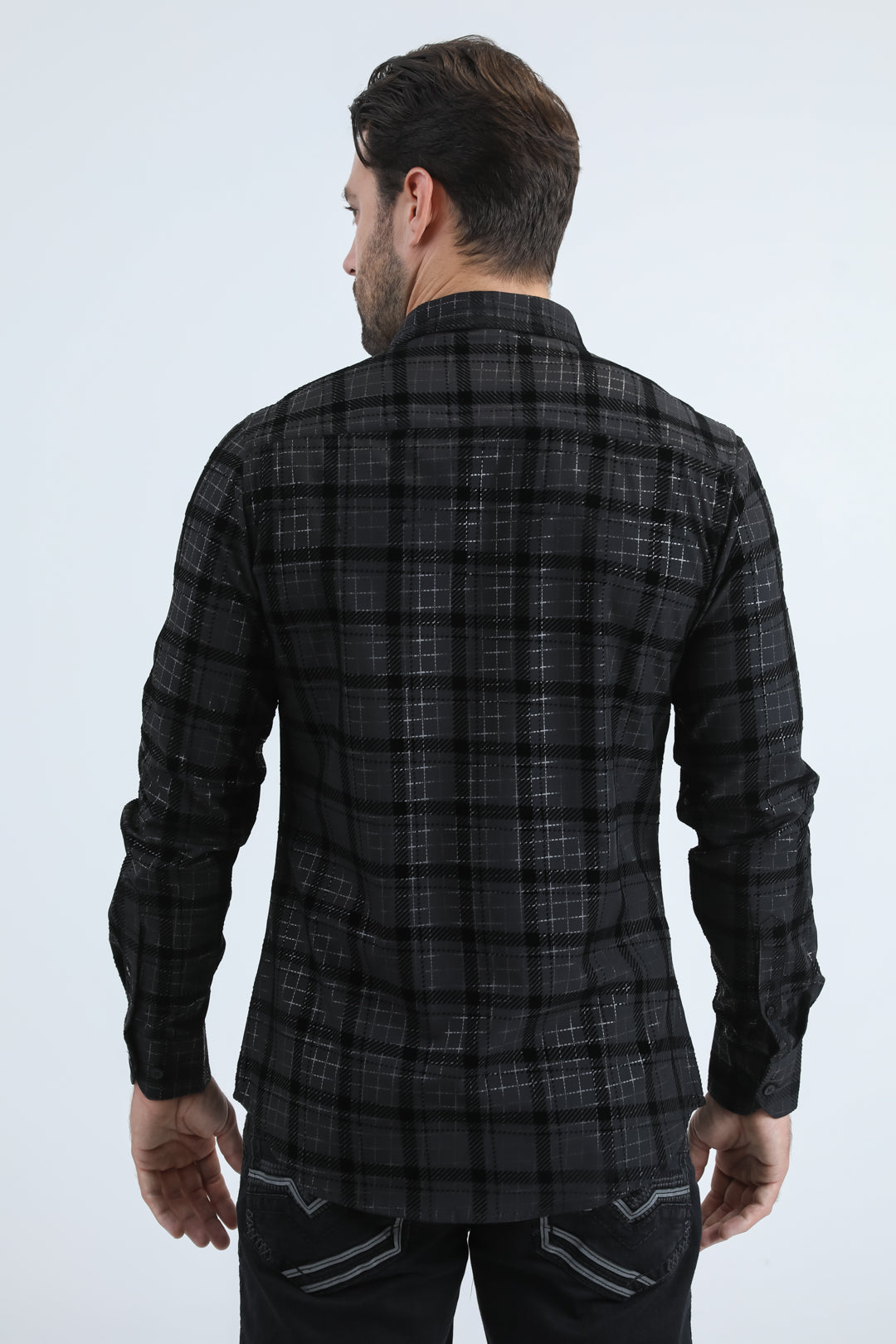 Camisa Platini de spandex negra con corte moderno y flocado para hombre (MFL11183 Negro/Negro)