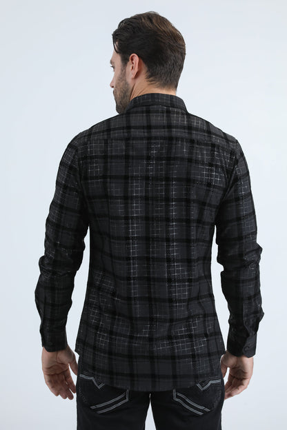 Camisa Platini de spandex negra con corte moderno y flocado para hombre (MFL11183 Negro/Negro)