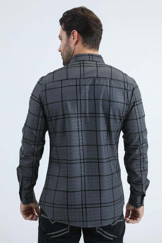 Camisa Platini de licra con corte moderno y flocado para hombre (MFL11188, color carbón)