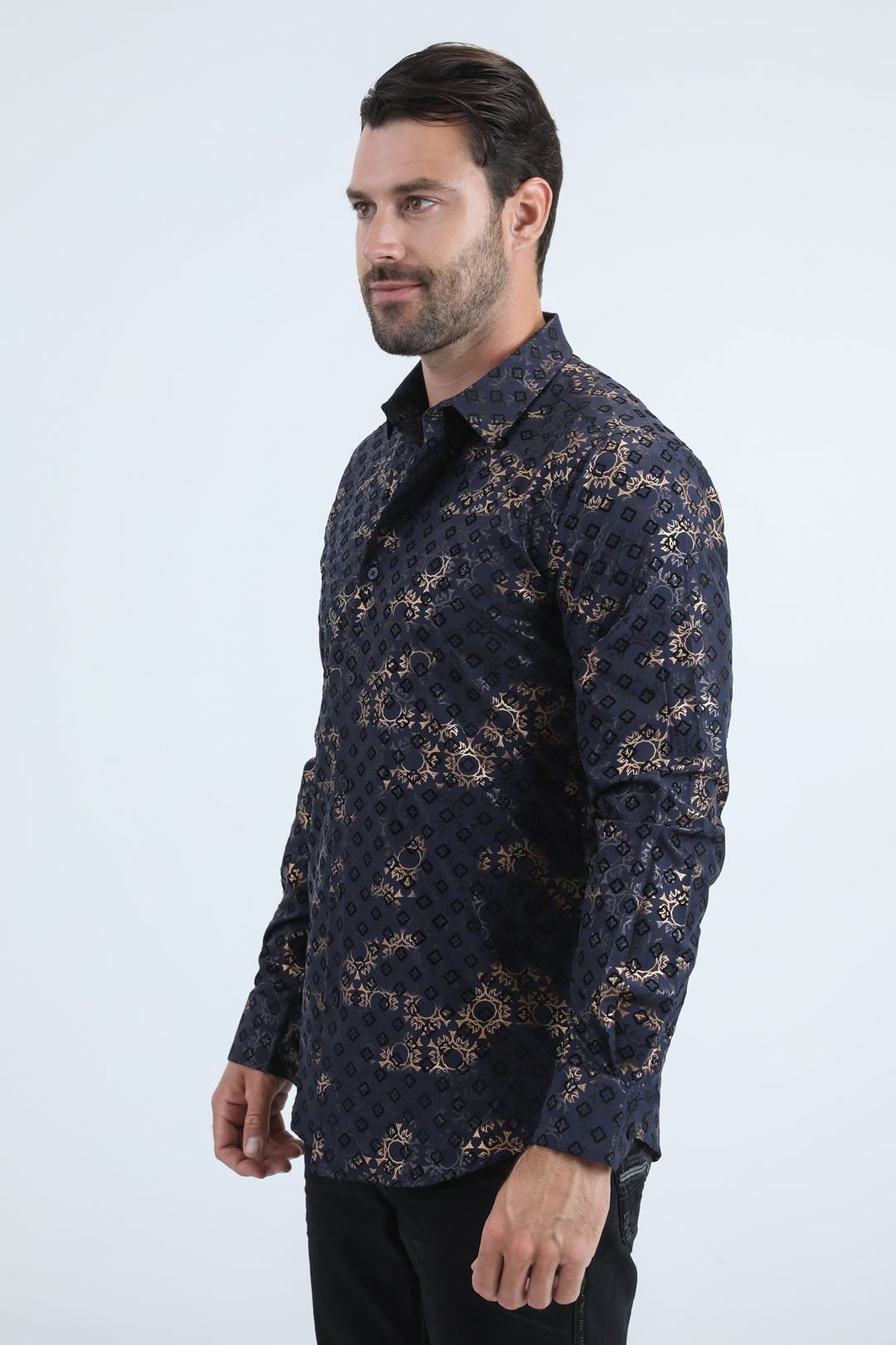 Platini Men's Modern Fit Stretch Foil Fashion Navy Shirt (MFL11173 Navy)