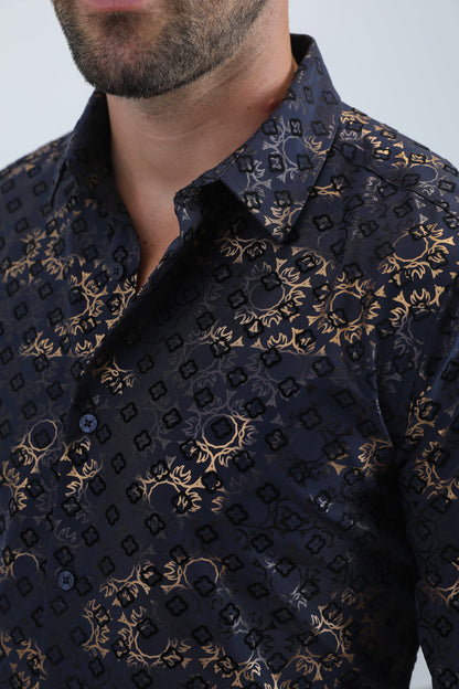 Platini Men's Modern Fit Stretch Foil Fashion Navy Shirt (MFL11173 Navy)