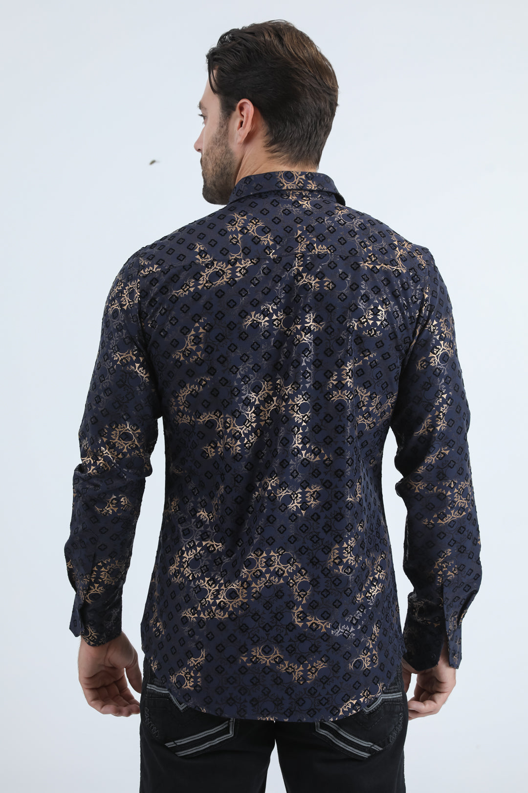 Platini Men's Modern Fit Stretch Foil Fashion Navy Shirt (MFL11173 Navy)